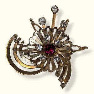 V. Mid Century Floral Rhinestone Brooch / Pendant